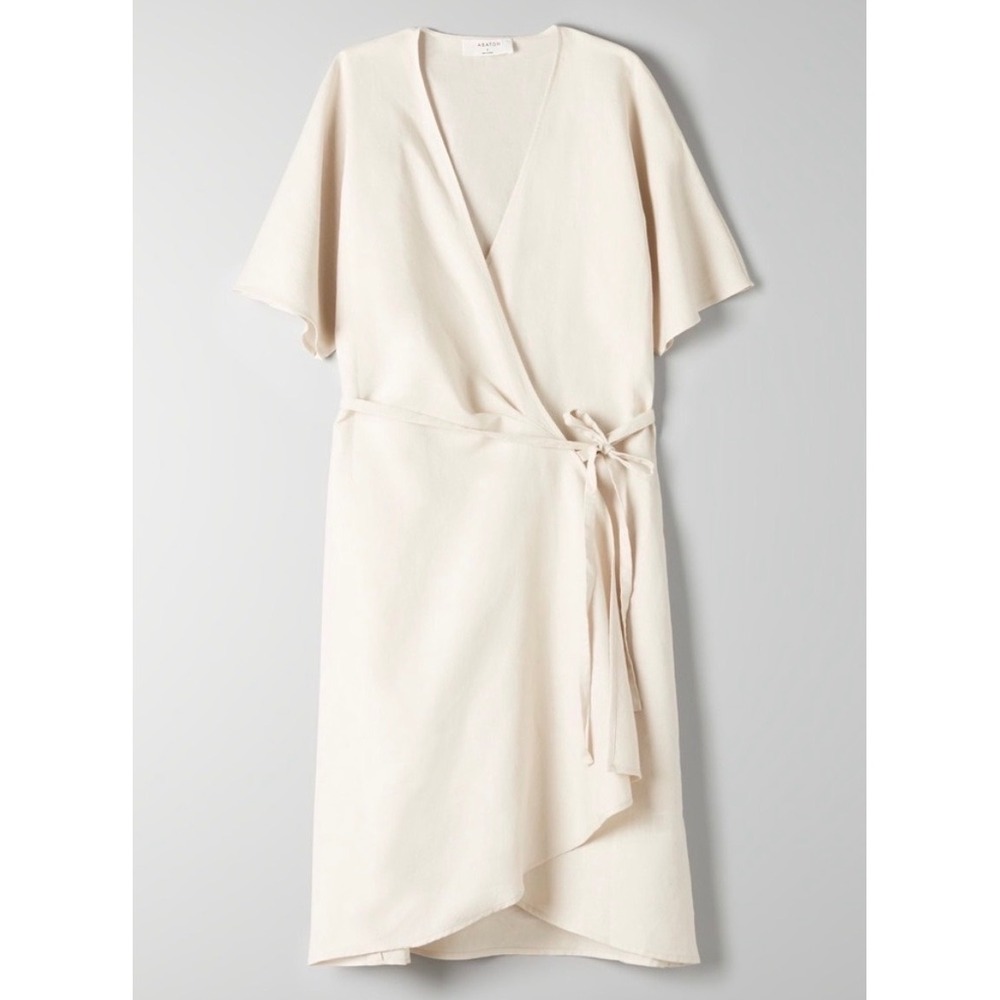 Aritzia Babaton Wallace Wrap Linen Mini Dress Size Small Tan Short Sleeves